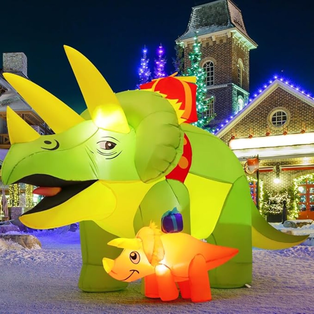 GOOSH 7.5 FT Length Christmas Inflatables Dinosaur Green Triceratops with Baby Dino and Built-in LEDs